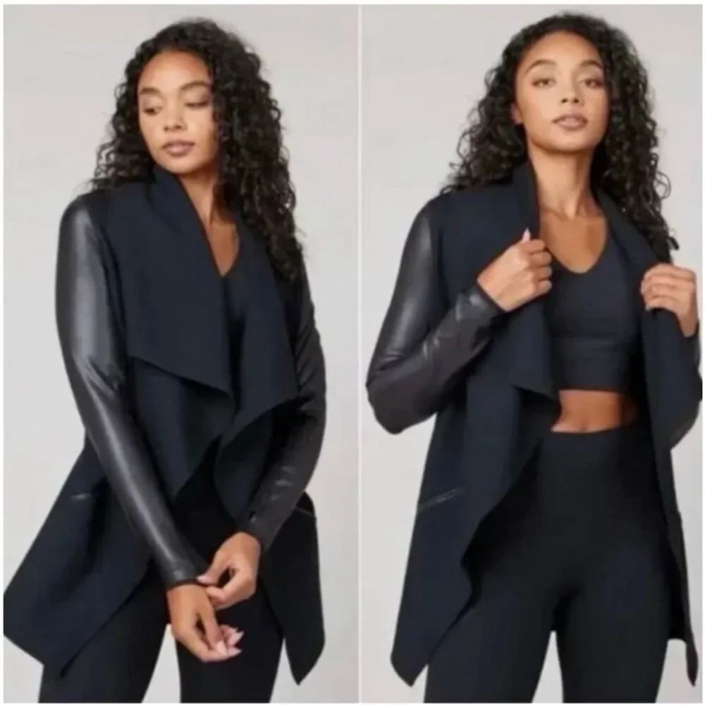 Spanx Drape Front Convertible Jacket Black Mixed Faux Leather Small